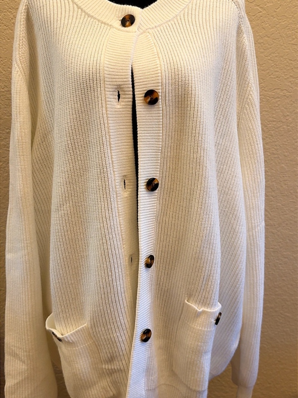 Women’s Cream Ribbed Button Cardigan Sweater - Picture 6 of 16